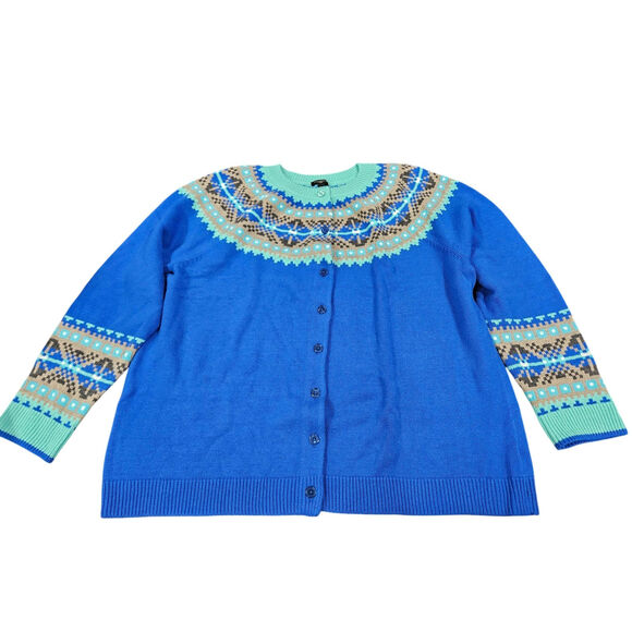 NWOT Talbots 3x Fair Isle Lambswool Wool Cardigan Sweater Blue Nordic Ski Women - Picture 1 of 6